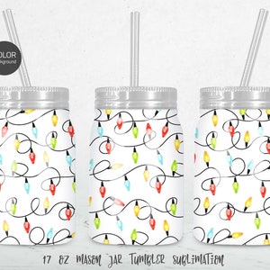 Luces de Navidad 17 oz Mason Jar Tumbler Sublimate PNG / Garland Año Nuevo Patrón sin costuras / Plantilla de diseño de sublimación festiva de Navidad de invierno