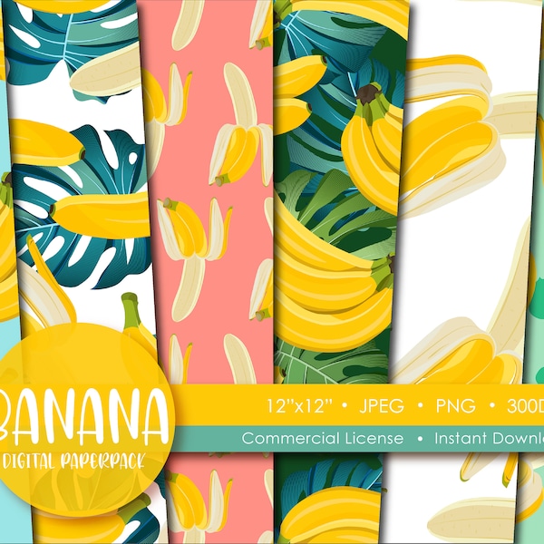 Banane Digitale Papiere Pack | Obst set Wrapping | Tropischer Food Hintergrund Printable | Nahtloses Muster | Scrapbook Papier