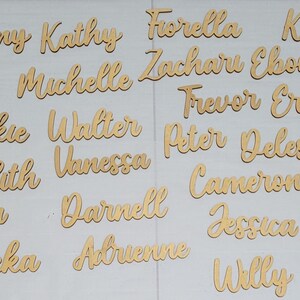 May include: A collection of light brown wooden cutouts featuring various names written in a cursive script font. The names include Shakira, Jerome, Tiffany, Kathy, Fiorella, Kee, Fallon, Asher, Alecia, Eulalee, Dwaine, Michelle, Zachary, Ebone, Twania, Gavina, Veronica, Jackie, Walter, Trevor, Erica, Neil, Patricia, Doreen, Onyxia, Judith, Vanessa, Peter, Deleshia, Monica, Aaron, Clarus, Doreen, Darnell, Cameron, Jessica, Monisha, Tammy, Torian, Sacheka, Abrienne, Norma, Willy, and Jarrod.