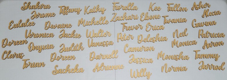 May include: A collection of light brown wooden cutouts featuring various names written in a cursive script font. The names include Shakira, Jerome, Tiffany, Kathy, Fiorella, Kee, Fallon, Asher, Alecia, Eulalee, Dwaine, Michelle, Zachary, Ebone, Twania, Gavina, Veronica, Jackie, Walter, Trevor, Erica, Neil, Patricia, Doreen, Onyxia, Judith, Vanessa, Peter, Deleshia, Monica, Aaron, Clarus, Doreen, Darnell, Cameron, Jessica, Monisha, Tammy, Torian, Sacheka, Abrienne, Norma, Willy, and Jarrod.