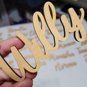 May include: A gold-colored wooden cutout of the name Willy in a cursive script font. The letters have a smooth, metallic-like finish on the front surface with dark, laser-cut edges. The piece is held up against a background of other similar names.