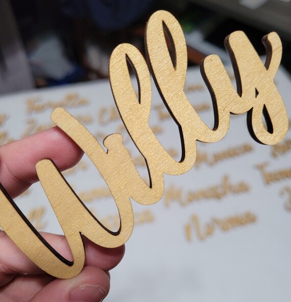 Gold Painted Wood Name Place Cards: Laser Cut Birch Wedding Decor