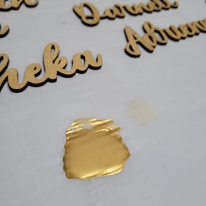 May include: Multiple wooden name cutouts in a cursive script font, featuring names such as Walter, Vanessa, Darnell, and Sheka, arranged on a white surface with a single, distinct smear of metallic gold paint positioned in the foreground.