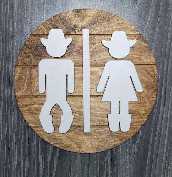 Wooden Bathroom Sign / Cowboy and Cowgirl