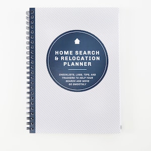 May include: A blue and white spiral bound planner with the text "Home Search & Relocation Planner" and "Checklists, logs, tips, and trackers to help your search and move go smoothly".