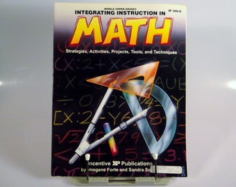 May include: A book cover with the title "Integrating Instruction in Math" in yellow letters on a black background. The cover features a protractor, compass, and other math tools on a chalkboard with math equations written in colorful chalk.