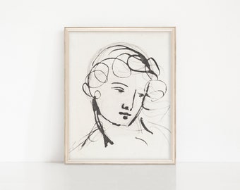 LINNEA • Portrait Art Print, Vintage line drawing, Vintage art sketch, Printable art, woman line drawing, Digital download, PRINTABLE art