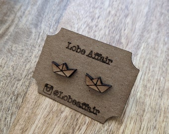 Origami Paper Boat White Painted Wood Stud Earrings Sailor Captain Cute Boating Jewelry