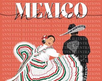 Könnte beinhalten: Eine digitale Illustration auf korallenfarbenem Hintergrund mit dem Text MEXICO in weißer und schwarzer Schrift. Zwei Figuren tanzen, eine in einem weißen Kleid mit roten und grünen Streifen und Spitzenbesatz, die andere in einem schwarzen Anzug mit Sombrero.