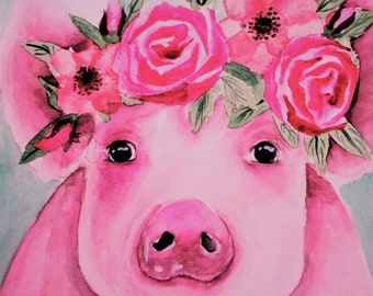 Spring Piggy, Pig, Pig Print, Pig Painting, Animal Art, Farm Animals, Watercolor Art, Watercolor Painting