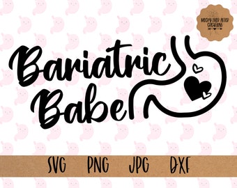 May include: Black and white design with the text "Bariatric Babe" and a stylized stomach with hearts. The design is on a white background with a pink pattern of stomachs.