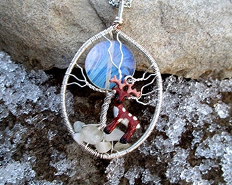 Wire Wrapped Tree Of Life / Opalite Moon / Christmas Tree of Life pendant/Reindeer Jewelry / Hand Crafted in the U.S.A.