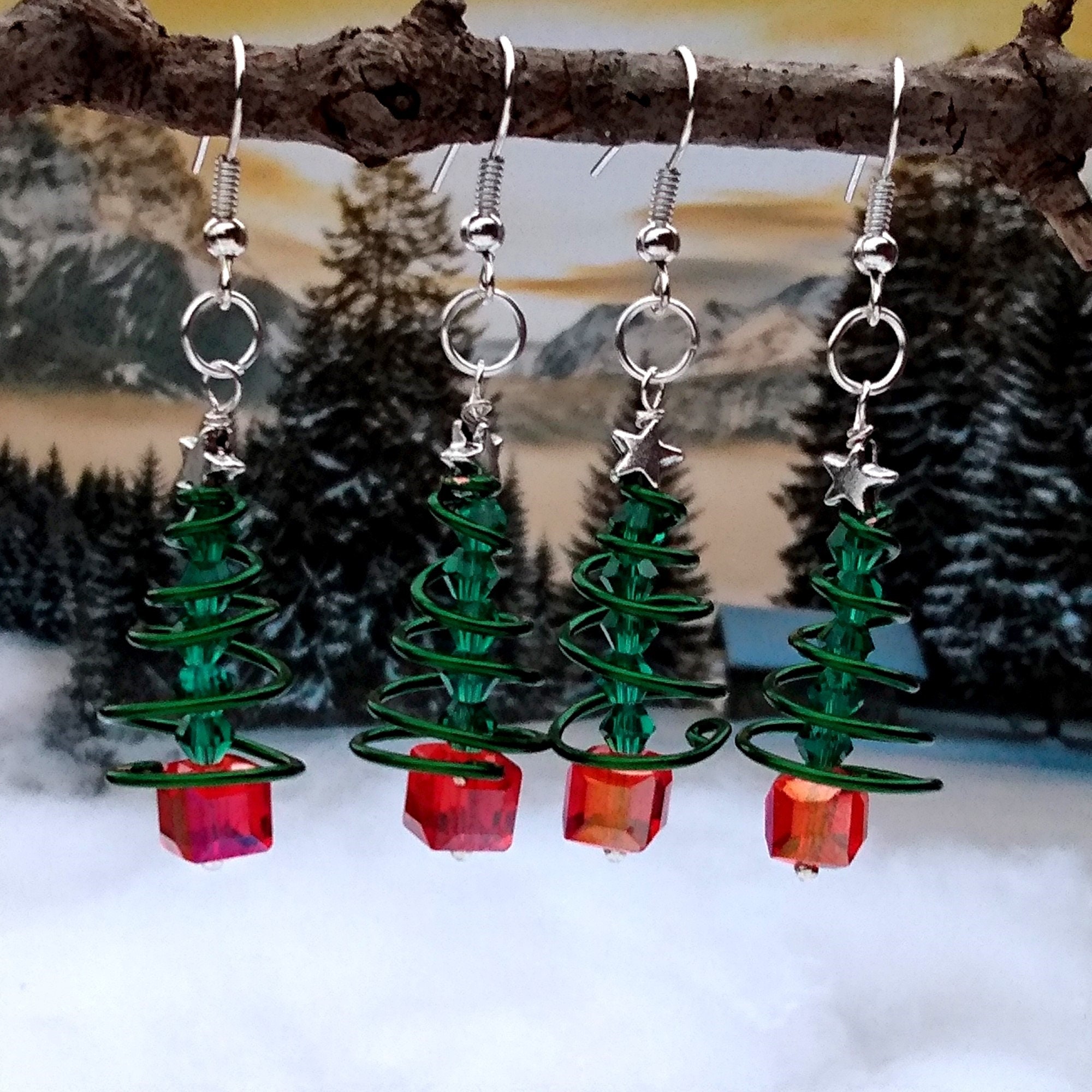 Handmade Aluminum Wire Christmas Tree Earrings With Jingle Bells