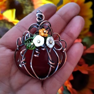 Wire Wrapped Pumpkin Pendant, Carnelian Pumpkin Pendant, Fall Jewelry, Harvest Pendant, Gifts for her, Birthday,Christmas, Mother&#39;s Day Gift