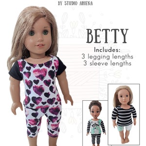 Puede incluir: Un patrón PDF para hacer un atuendo de muñeca llamado "Betty". El patrón incluye tres longitudes de leggings y tres longitudes de mangas. La imagen muestra una muñeca con un atuendo de estampado de corazones blanco y negro.