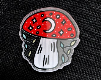 Mushroom Acrylic Pin | Cottagecore Inspired with Moon, Stars and Leaves | Fairy / Nature Vibes | Custom Die Cut 1.25 inch Pin Jacket / Hat