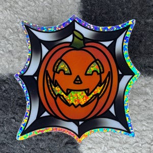 Jack-o'-lantern Spider Web Glitter Sticker | Halloween Pumpkin Spooky Season | Reflective Rainbow Effect | High-Quality Vinyl | Tattoo