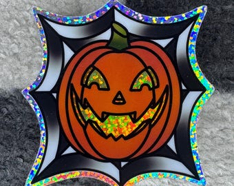 Jack-o'-lantern Spider Web Glitter Sticker | Halloween Pumpkin Spooky Season | Reflective Rainbow Effect | High-Quality Vinyl | Tattoo
