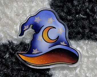 Witch Hat With Moon And Stars Acrylic Pin | Halloween / Traditional Tattoo Inspired | Cute / Spooky Vibes | Custom Die Cut 1.25 inch Pin