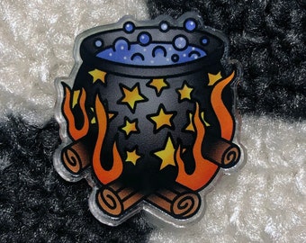 Witchy Cauldron Acrylic Pin | Bubbling Potion with Stars | Halloween / Traditional Tattoo Inspired | Custom Die Cut 1.25 inch Pin