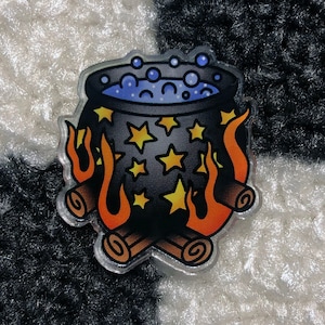 Witchy Cauldron Acrylic Pin | Bubbling Potion with Stars | Halloween / Traditional Tattoo Inspired | Custom Die Cut 1.25 inch Pin