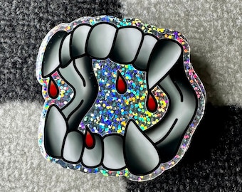 Plastic Vampire Teeth Glitter Sticker | Twilight Fangs Skin of a Killer Vibes | Reflective Effect Vinyl | Water Bottle Laptop Sticker