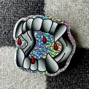 Plastic Vampire Teeth Glitter Sticker | Twilight Fangs Skin of a Killer Vibes | Reflective Effect Vinyl | Water Bottle Laptop Sticker