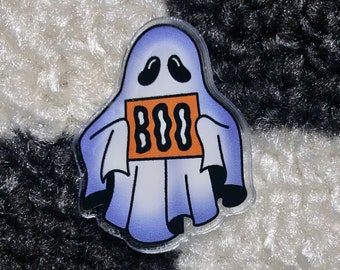 Ghost With BOO Sign Acrylic Pin | Halloween / Traditional Tattoo Inspired | Cute / Spooky Vibes | Custom Die Cut 1.25 inch Pin