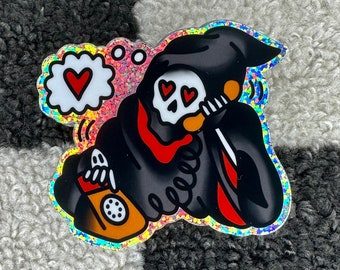 Grim Reaper on Phone Glitter Sticker | Reflective Rainbow Effect | High-Quality Vinyl | Water Bottle, Laptop Sticker | Traditional Tattoo