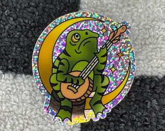 Banjo Frog Glitter Moon Sticker | Traditional Tattoo Style | Over The Garden Wall Inspired | Rainbow Effect | Laptop and Water Bottle Safe