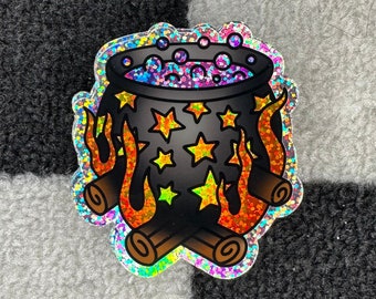 Witch Cauldron Bubbling Glitter Sticker | Stars and Flames Brewing| Rainbow Effect | High-Quality Vinyl | Water Bottle, Laptop Sticker