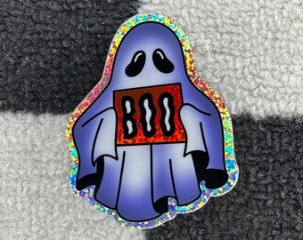 Glitter Ghost With BOO Sign Sticker | Spooky/Cute | Rainbow Effect Vinyl | Water Bottle Laptop Sticker | Traditional Tattoo Inspired
