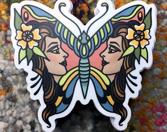 Traditional Tattoo Style Butterfly with Lady Heads Sticker | 3-inch Diecut Custom Laptop / Water Bottle Sticker | High Quality Vinyl