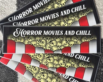 Horror Movies and Chill Bumper Sticker | 3 x 11 inch Traditional Tattoo Inspired Fade/Weather Resistant | Skull Popcorn Slasher Scary Movie