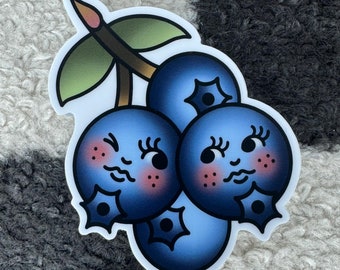 Blueberry Faces Sticker | Traditional Tattoo Inspired | 3 Inch Custom Die Cut Water Bottle / Laptop Fruit Tattoo Sticker