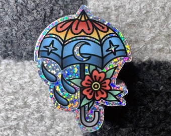 Umbrella Glitter Sticker | Raindrops, Flower, Moon and Stars | High-Quality Vinyl | Water Bottle, Laptop Sticker | Traditional Tattoo Style