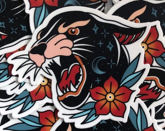 Traditional Tattoo Style Panther Head Sticker| 3-inch Diecut | Laptop and Water Bottle Sticker | High-Quality Vinyl | Tattoo Flash Design