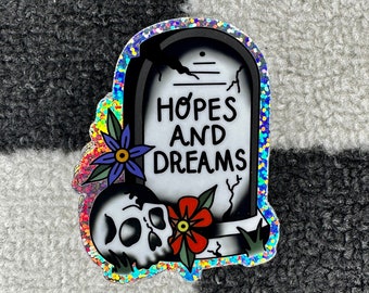 Hopes And Dreams Glitter Tombstone Sticker | Skull and Flowers Design | Traditional Tattoo Style | High-Quality Vinyl Rainbow Effect