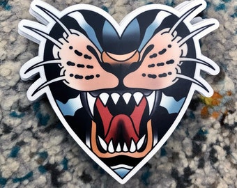Traditional Tattoo Style Panther Heart Sticker | 3-inch Diecut | Laptop and Water Bottle Sticker | High Quality Vinyl | Tattoo Flash Design