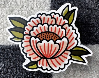 Traditional Tattoo Inspired Peony Flower Sticker | 3 Inch Custom Die Cut Water Bottle / Laptop Floral Sticker