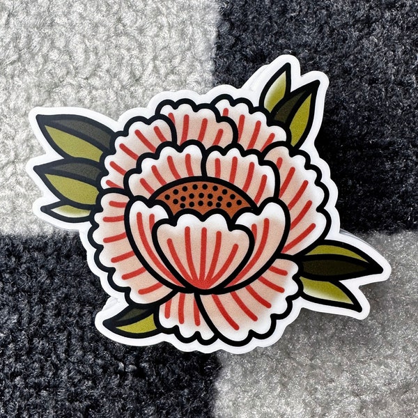 Traditional Tattoo Inspired Peony Flower Sticker | 3 Inch Custom Die Cut Water Bottle / Laptop Floral Sticker