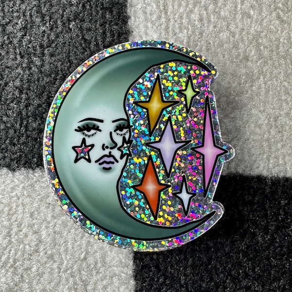 Crescent Moon Lady with Face Glitter Sticker | Moon and Stars | Rainbow Effect | Traditional Tattoo Inspired | Water Bottle, Laptop Sticker