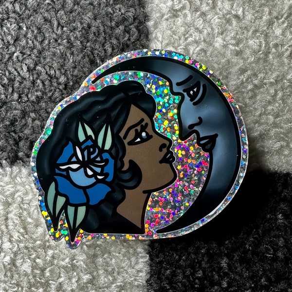 Moon Lady Glitter Sticker | Reflective Rainbow Effect | High-Quality Vinyl | Water Bottle, Laptop Sticker | Traditional Tattoo Inspired