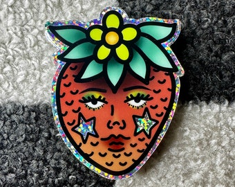 Strawberry Lady Glitter Sticker | Traditional Tattoo Inspired | Reflective Rainbow Effect High-Quality Vinyl | Water Bottle, Laptop Sticker