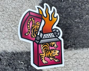 Traditional Tattoo Inspired Tiger Lighter Sticker | Classic Pocket Lighter | Tattoo Tiger | 3 Inch Die Cut Water Bottle / Laptop Sticker