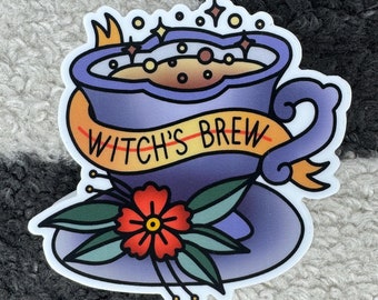 Witch's Brew Teacup Sticker | 3 Inch Custom Die Cut Water Bottle / Laptop Floral Sticker | Traditional Tattoo Inspired Style | Witchy Vibes