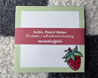 Strawberry Tattoo Flash Inspired 3 x 3 in. Post-it Notes | 50 Sheets of Paper | Custom Cute/Cottagecore Inspired Stationery | Sticky Backing