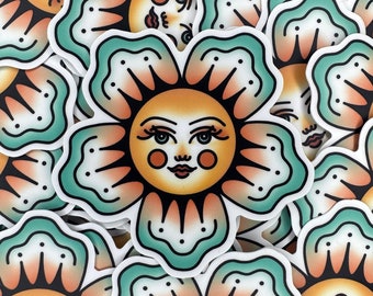 Traditional Tattoo Inspired Flower Lady Sticker | 3 Inch Custom Die Cut Water Bottle / Laptop Floral Sticker