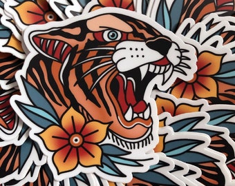 Traditional Tattoo Style Tiger Head Sticker| 3-inch Diecut | Laptop and Water Bottle Sticker | High-Quality Vinyl | Tattoo Flash Design