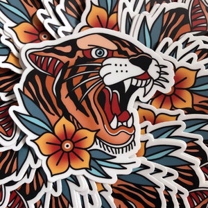 Traditional Tattoo Style Tiger Head Sticker| 3-inch Diecut | Laptop and Water Bottle Sticker | High-Quality Vinyl | Tattoo Flash Design